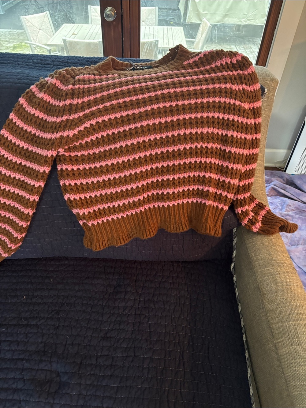 Women's Brown and Pink Striped Crewneck Sweater